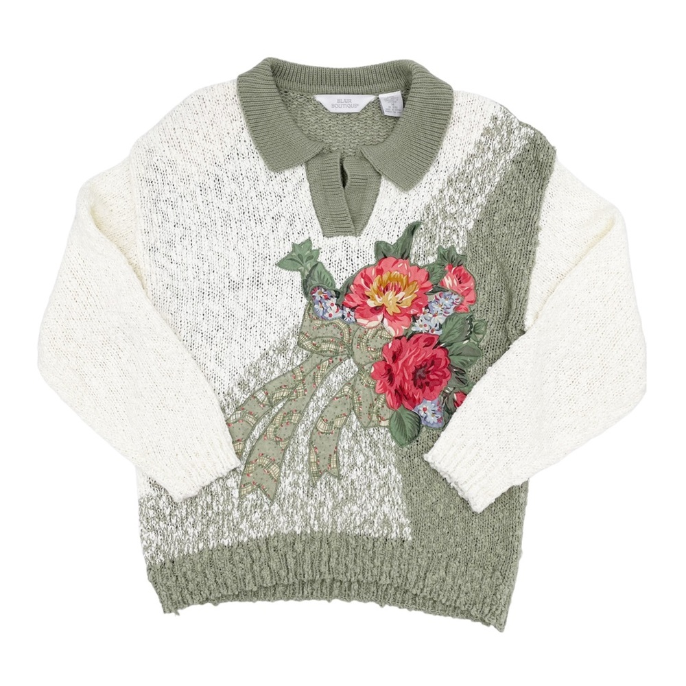 Vintage 90s Blair Boutique Collared Foral Knit Grandma Sweater Size Medium